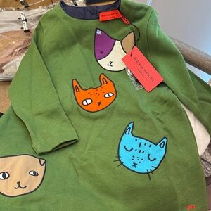 Sonia Rykiel Green Long-Sleeve Dress with Colorful Cat Appliqués-Brand New